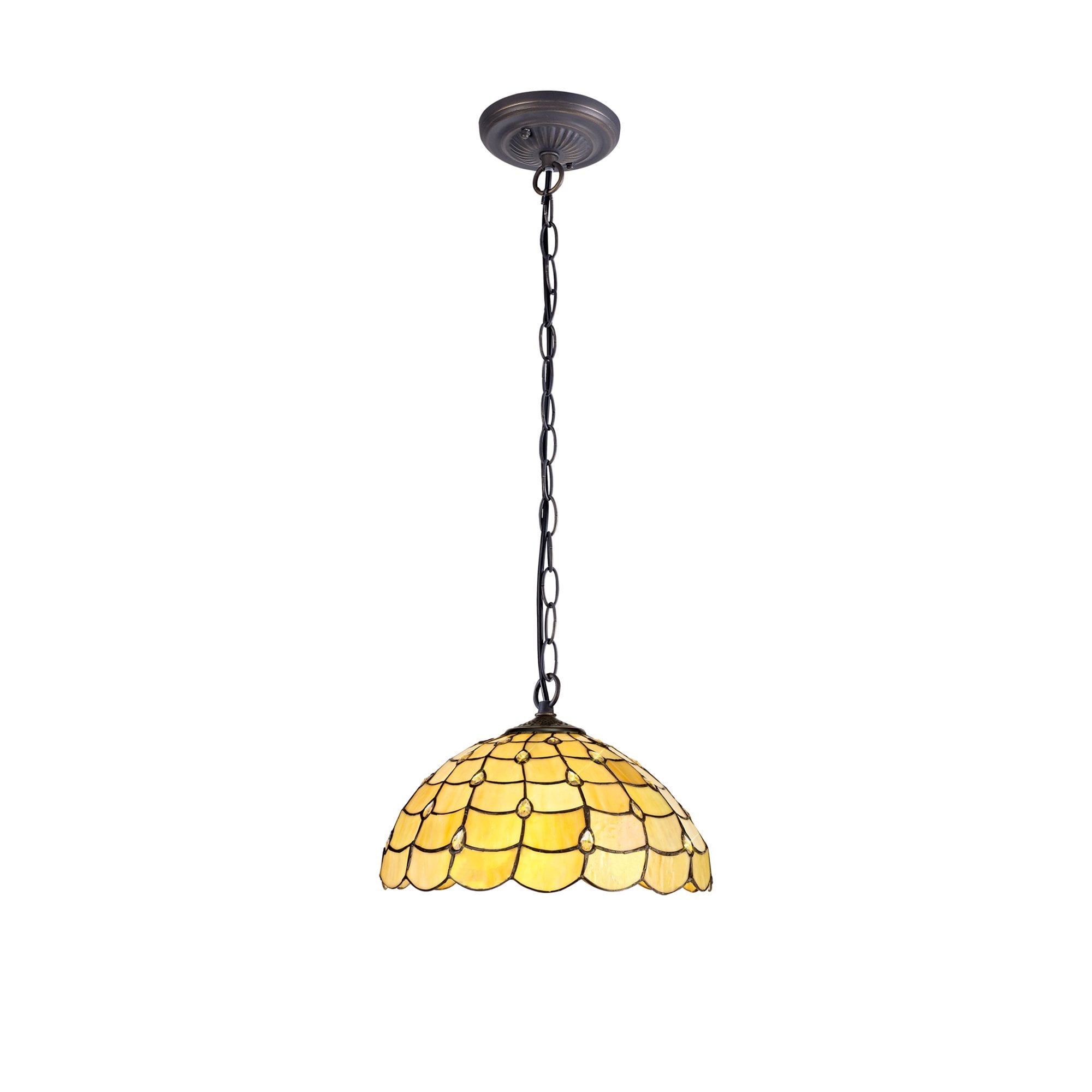NLK00479 Chrisy 1 Light Down Lighter Pendant With 40cm Tiffany Shade Beige/Clear Crystal/Aged Antique Brass