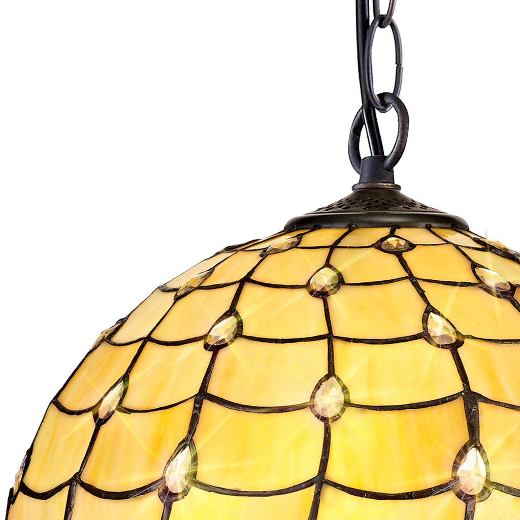 NLK00479 Chrisy 1 Light Down Lighter Pendant With 40cm Tiffany Shade Beige/Clear Crystal/Aged Antique Brass