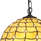 NLK00479 Chrisy 1 Light Down Lighter Pendant With 40cm Tiffany Shade Beige/Clear Crystal/Aged Antique Brass