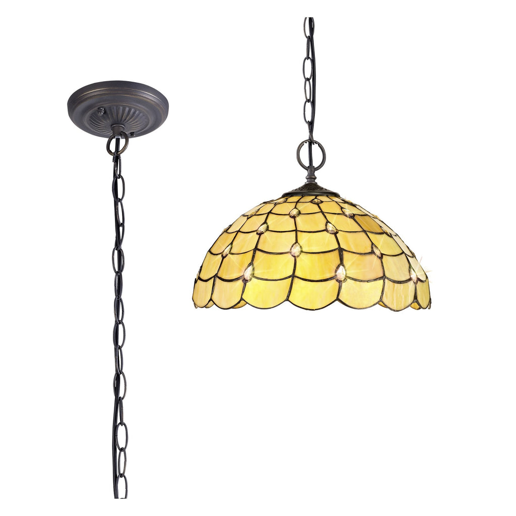 NLK00489 Chrisy 2 Light Down Lighter Pendant With 40cm Tiffany Shade Beige/Clear Crystal/Aged Antique Brass