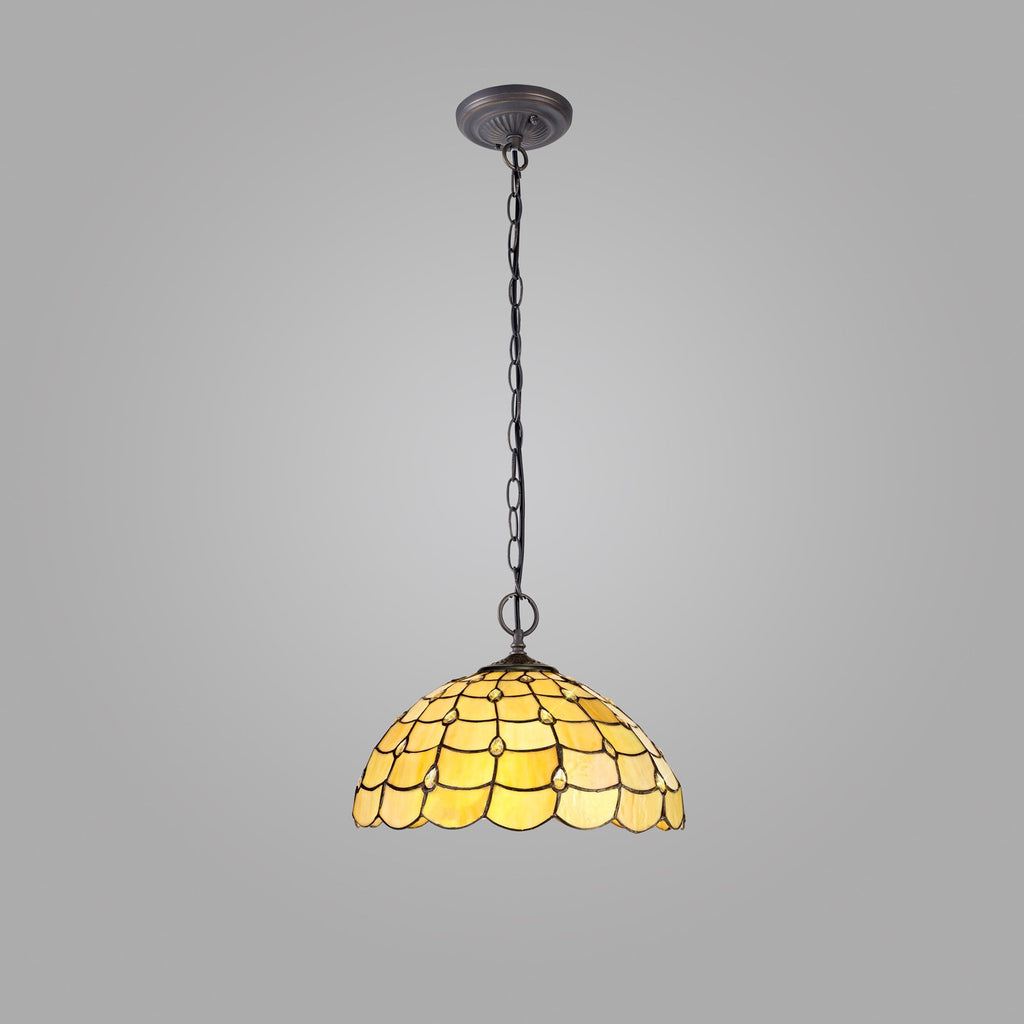 NLK00489 Chrisy 2 Light Down Lighter Pendant With 40cm Tiffany Shade Beige/Clear Crystal/Aged Antique Brass