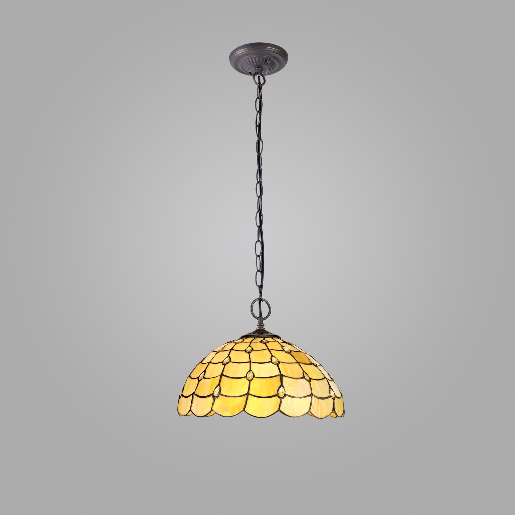 NLK00489 Chrisy 2 Light Down Lighter Pendant With 40cm Tiffany Shade Beige/Clear Crystal/Aged Antique Brass