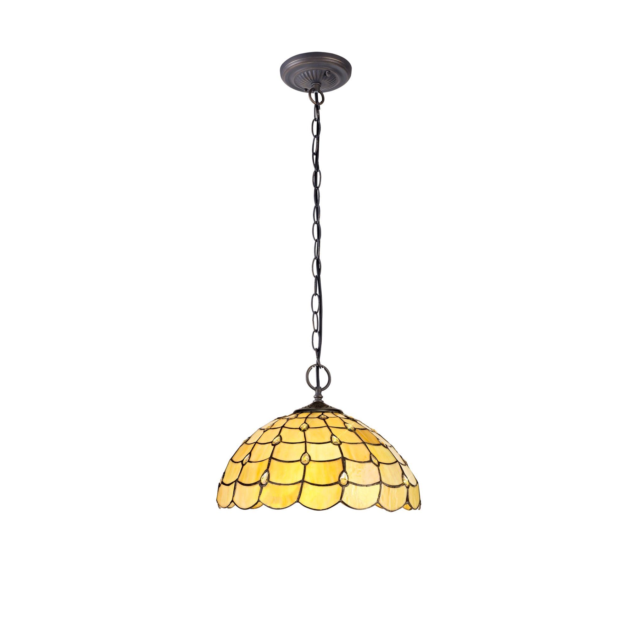 NLK00489 Chrisy 2 Light Down Lighter Pendant With 40cm Tiffany Shade Beige/Clear Crystal/Aged Antique Brass