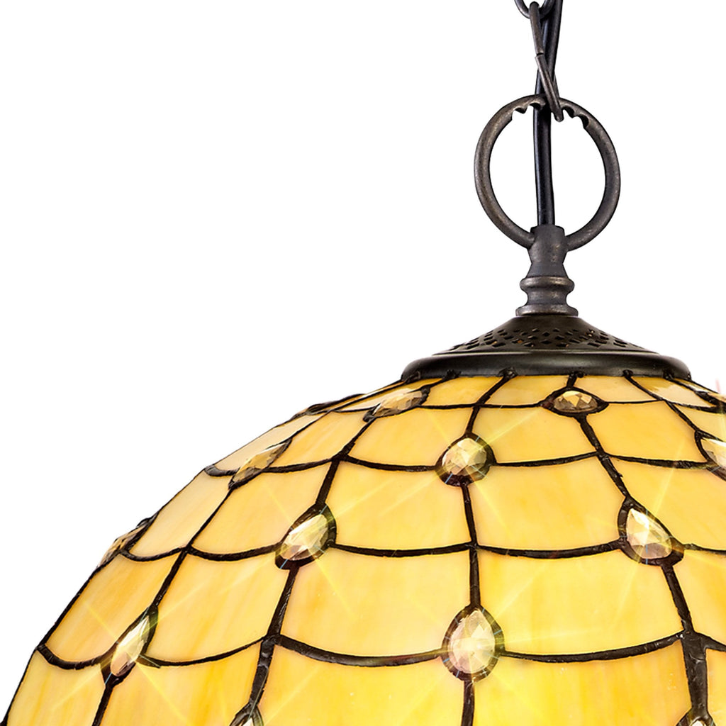 NLK00489 Chrisy 2 Light Down Lighter Pendant With 40cm Tiffany Shade Beige/Clear Crystal/Aged Antique Brass