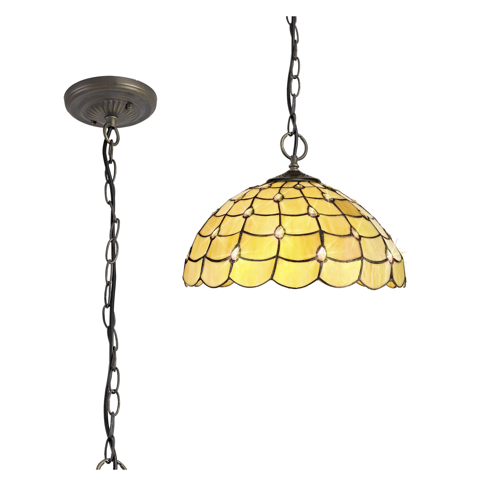 NLK00499 Chrisy 3 Light Down Lighter Pendant With 40cm Tiffany Shade Beige/Clear Crystal/Aged Antique Brass