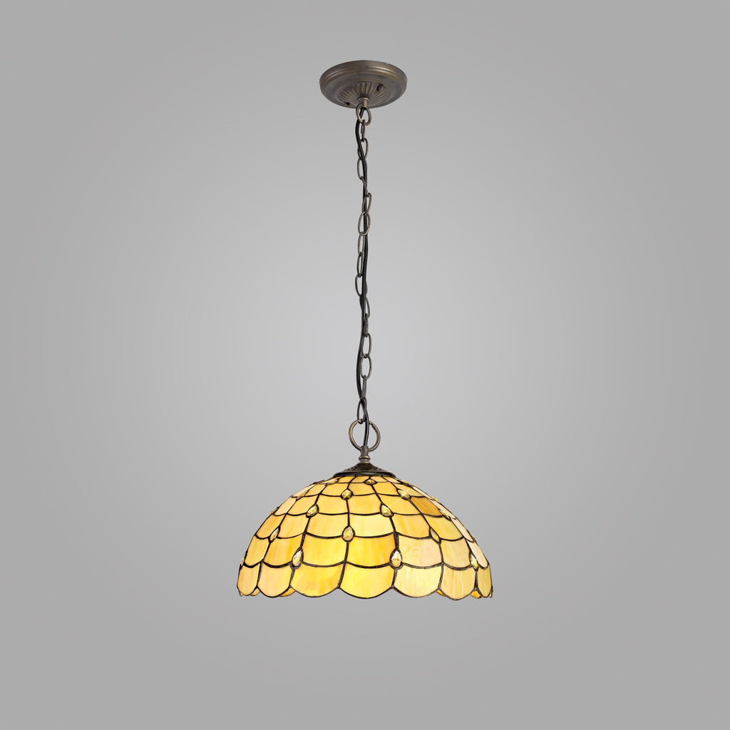 NLK00499 Chrisy 3 Light Down Lighter Pendant With 40cm Tiffany Shade Beige/Clear Crystal/Aged Antique Brass