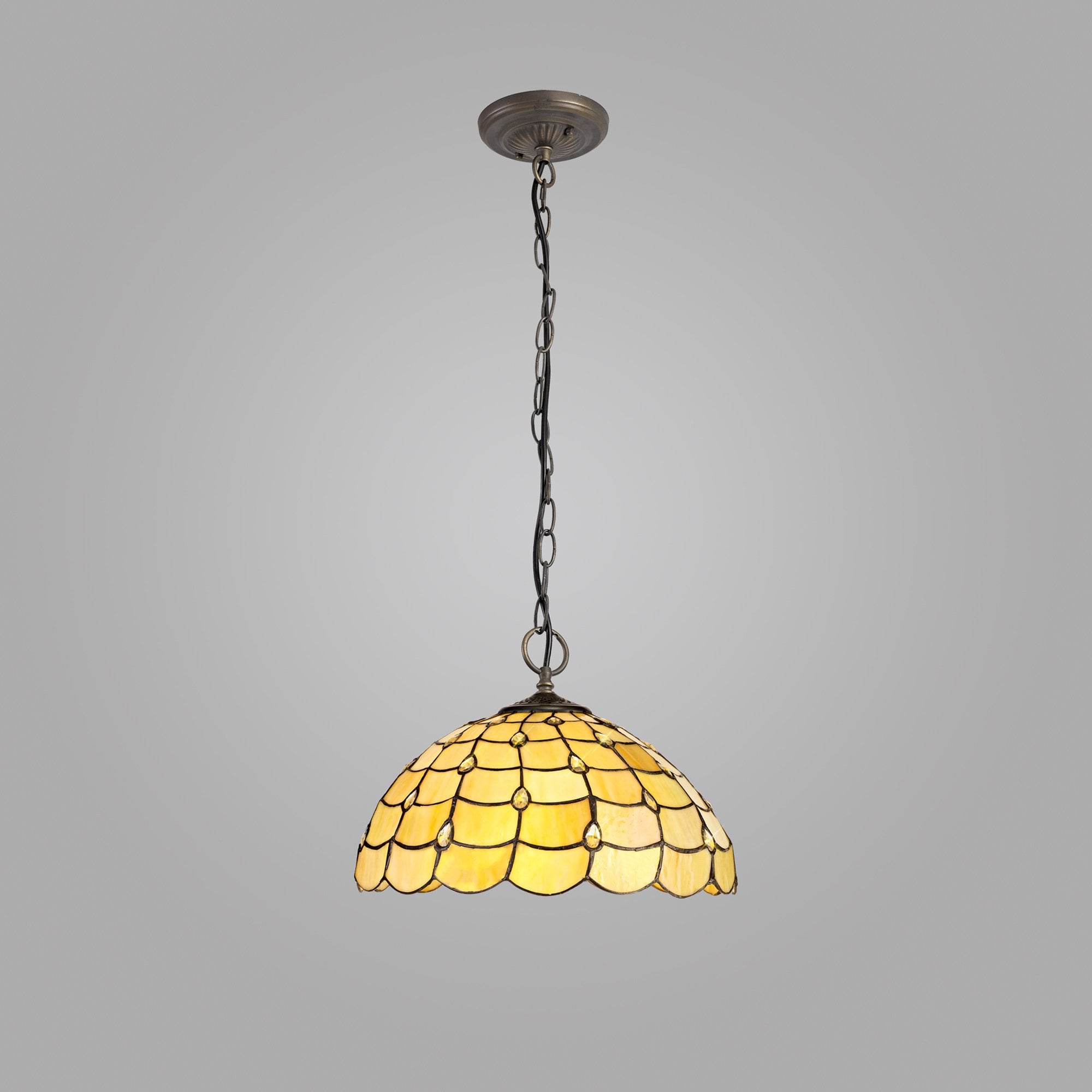 NLK00499 Chrisy 3 Light Down Lighter Pendant With 40cm Tiffany Shade Beige/Clear Crystal/Aged Antique Brass