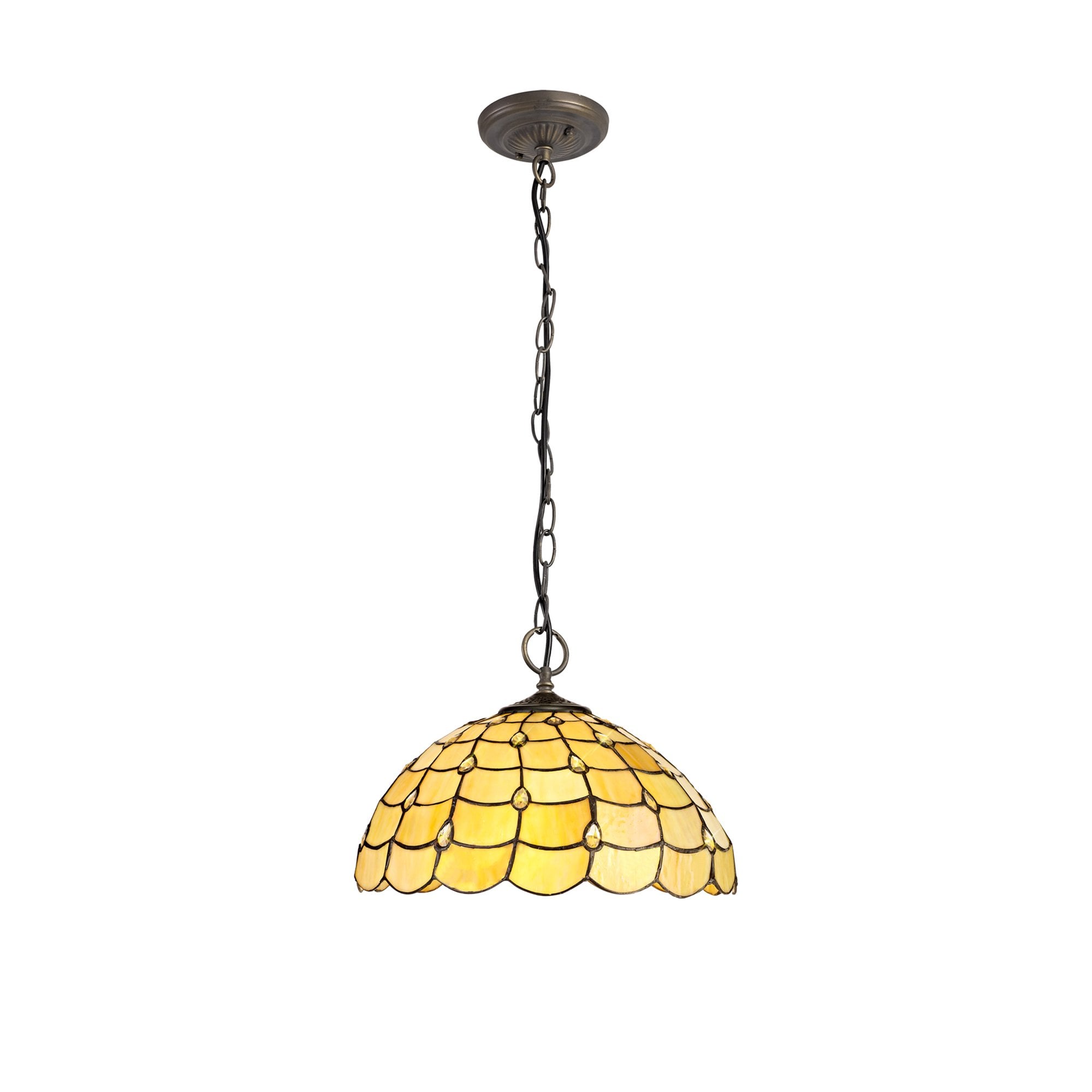 NLK00499 Chrisy 3 Light Down Lighter Pendant With 40cm Tiffany Shade Beige/Clear Crystal/Aged Antique Brass