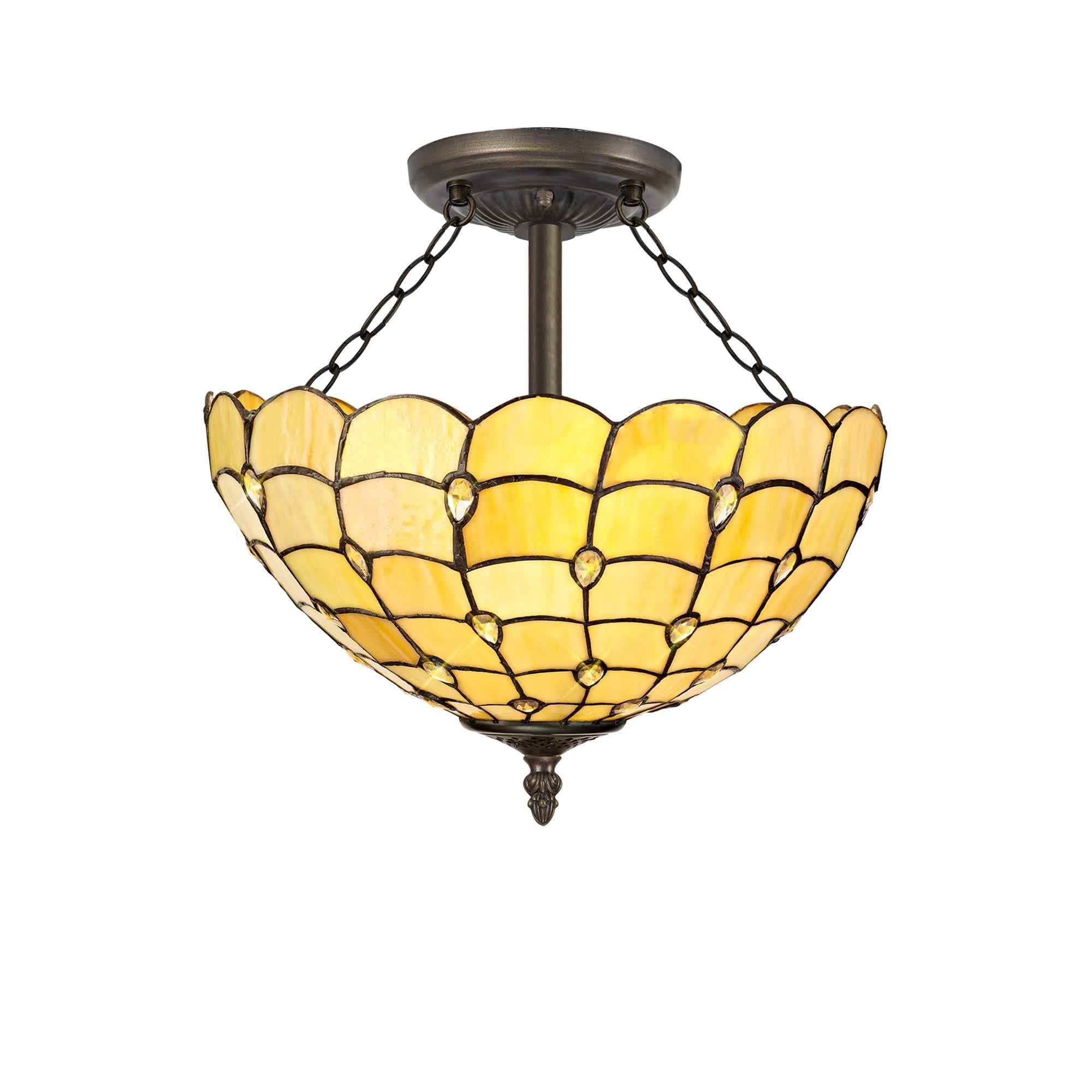NLK00509 Chrisy 3 Light Semi Ceiling With 40cm Tiffany Shade Beige/Clear Crystal/Aged Antique Brass