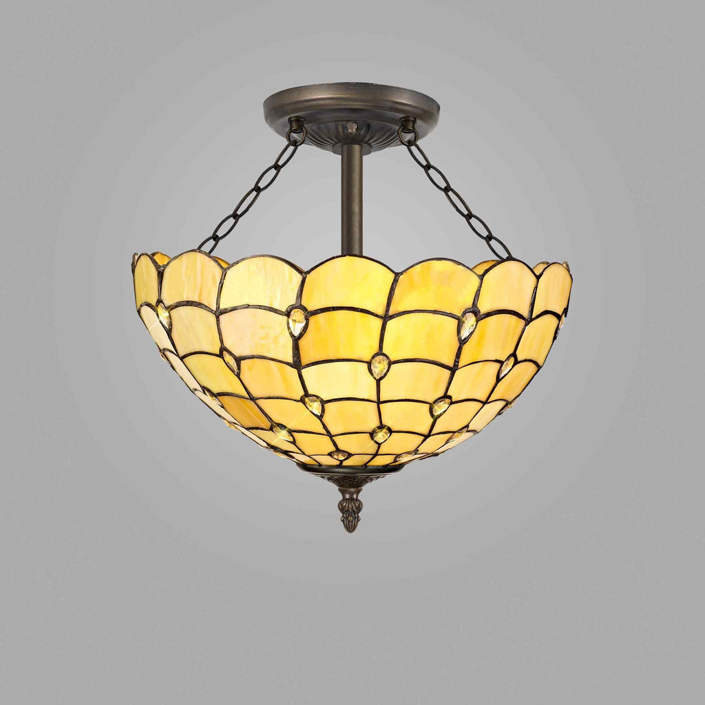NLK00509 Chrisy 3 Light Semi Ceiling With 40cm Tiffany Shade Beige/Clear Crystal/Aged Antique Brass