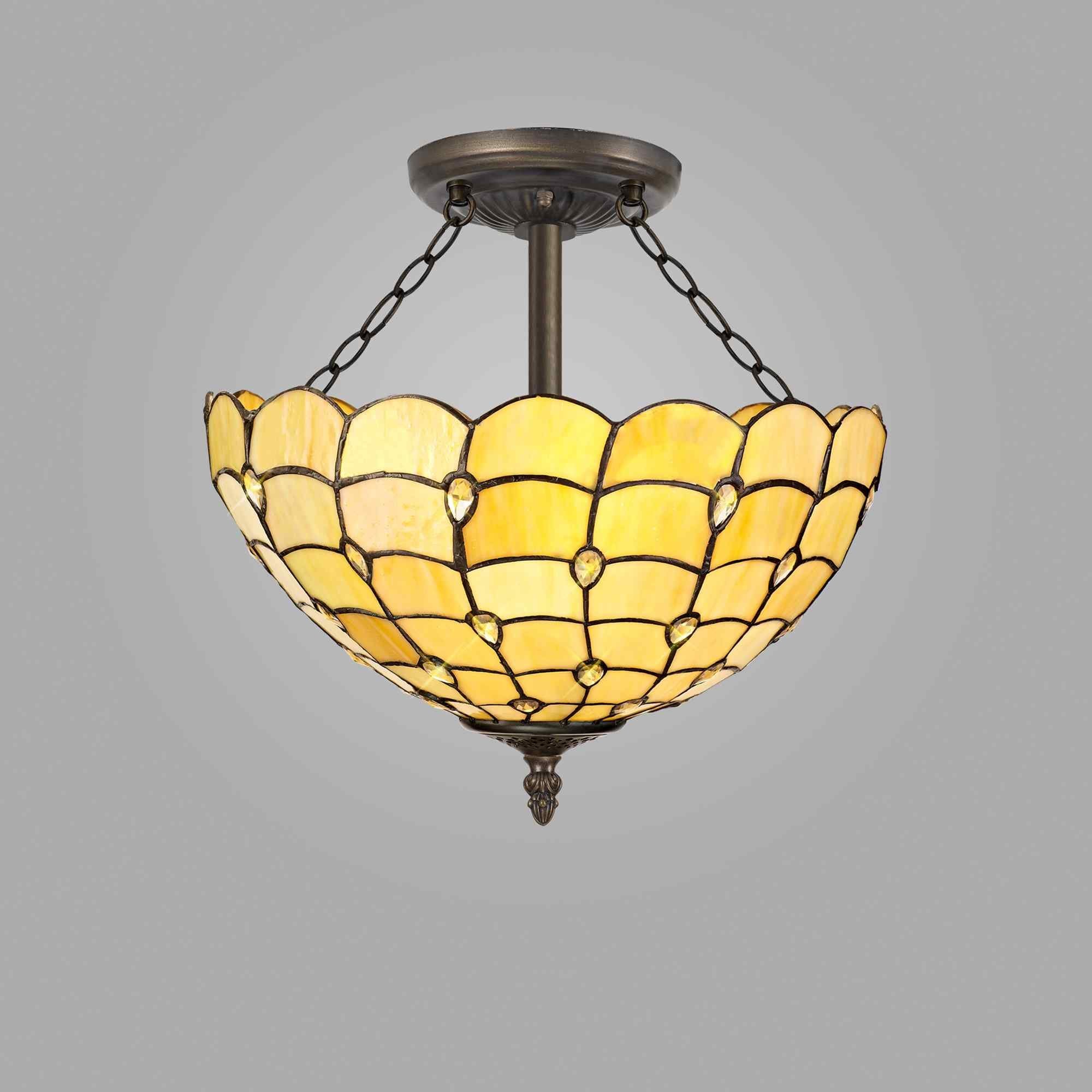 NLK00509 Chrisy 3 Light Semi Ceiling With 40cm Tiffany Shade Beige/Clear Crystal/Aged Antique Brass