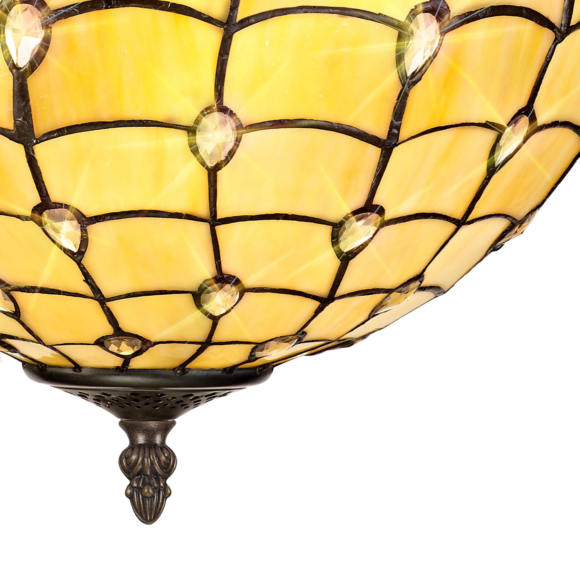 NLK00509 Chrisy 3 Light Semi Ceiling With 40cm Tiffany Shade Beige/Clear Crystal/Aged Antique Brass