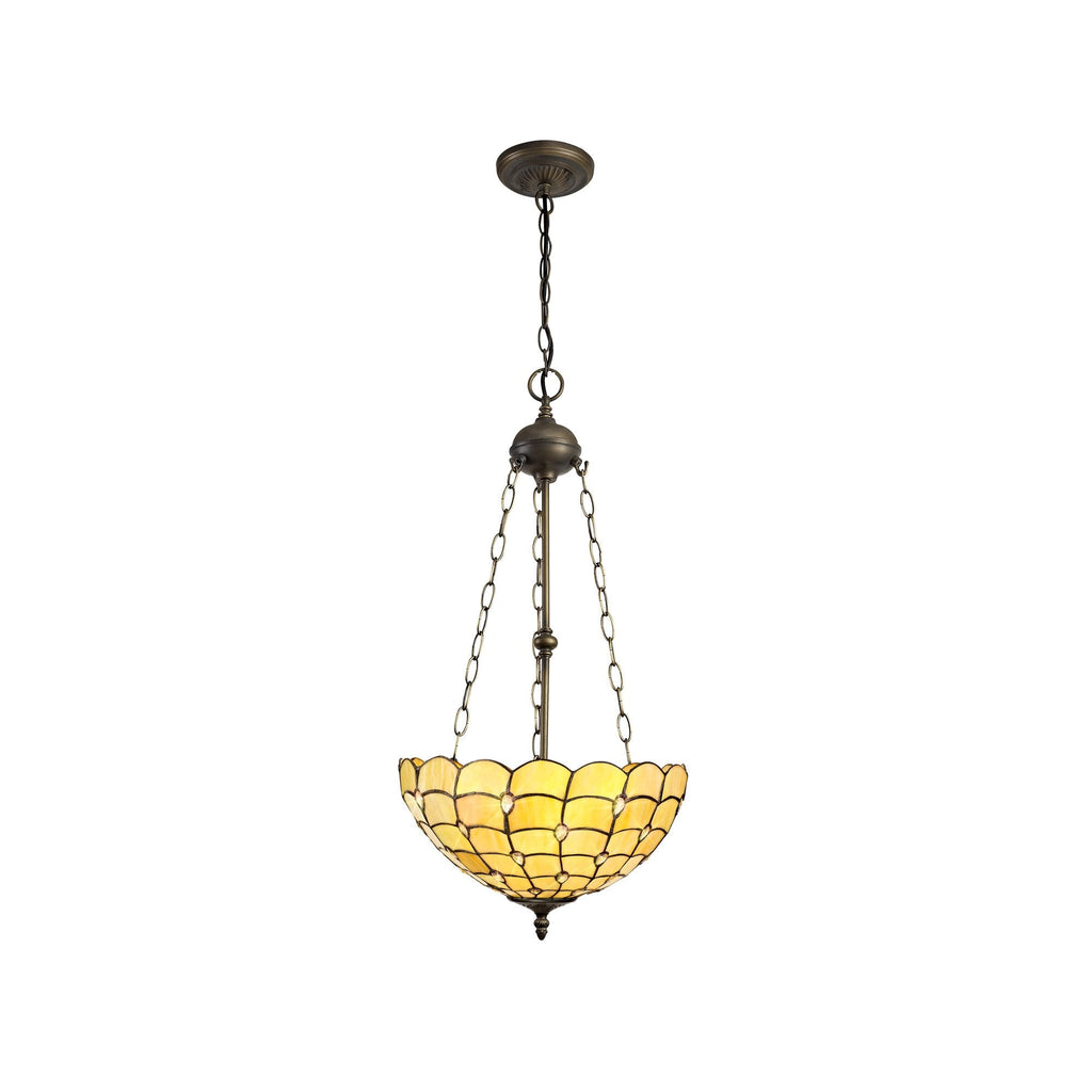 NLK00519 Chrisy 3 Light Up Lighter Pendant With 40cm Tiffany Shade Beige/Clear Crystal/Aged Antique Brass