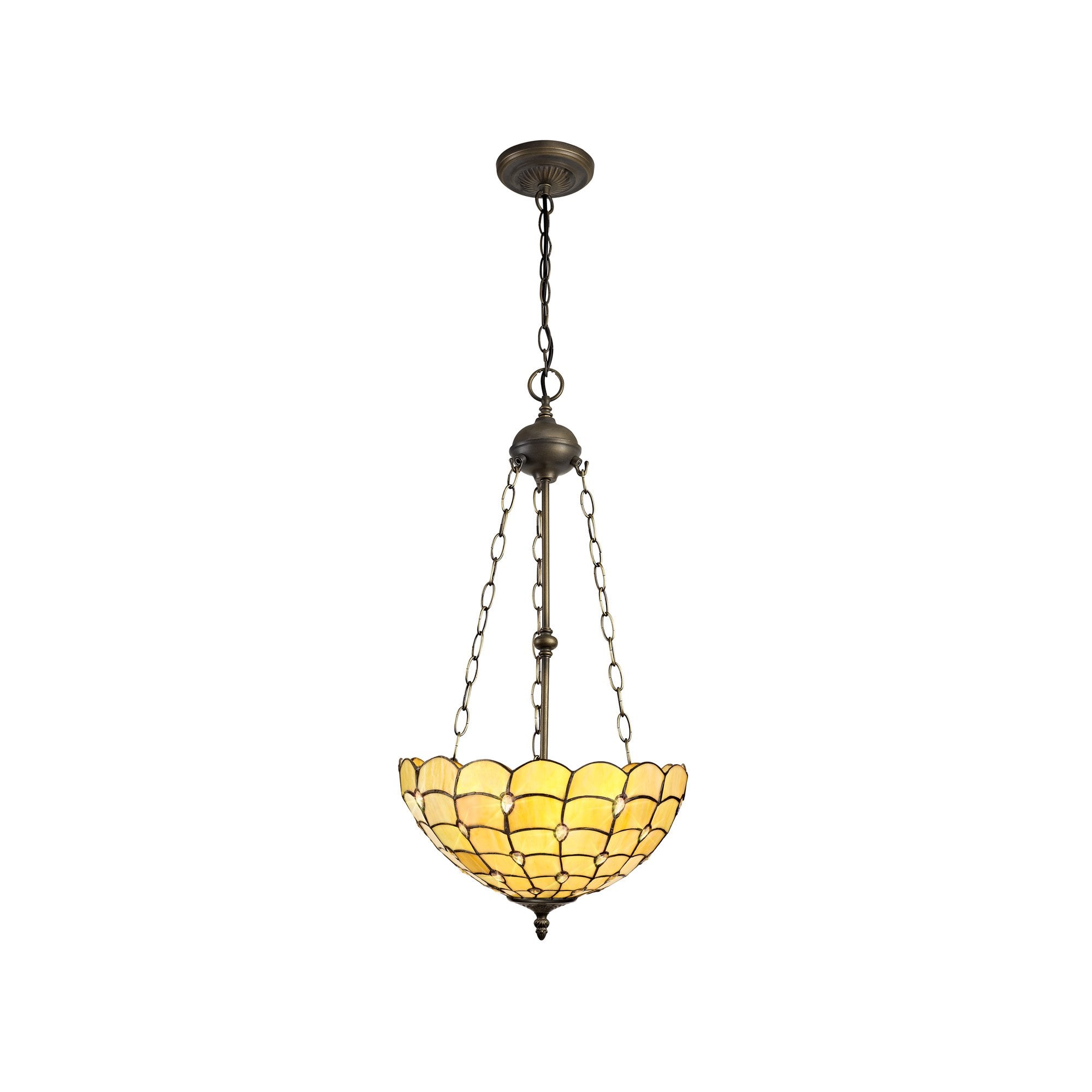 NLK00519 Chrisy 3 Light Up Lighter Pendant With 40cm Tiffany Shade Beige/Clear Crystal/Aged Antique Brass