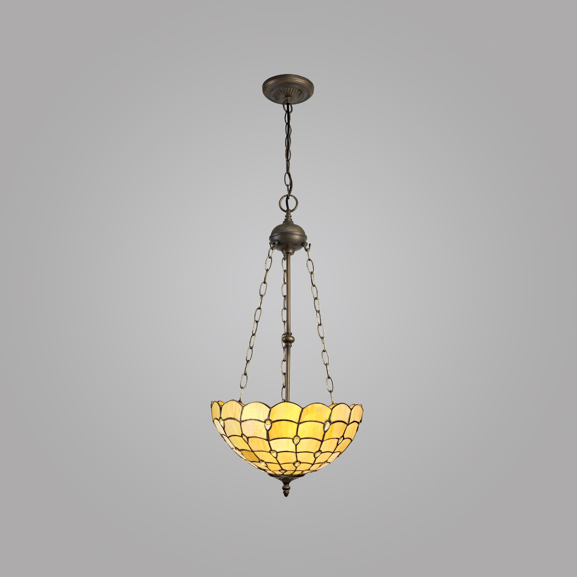 NLK00519 Chrisy 3 Light Up Lighter Pendant With 40cm Tiffany Shade Beige/Clear Crystal/Aged Antique Brass