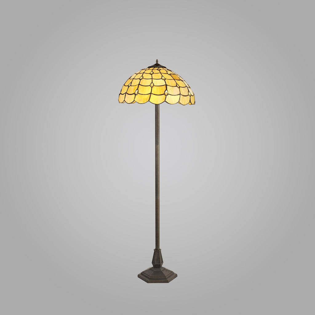 NLK00529 Chrisy 2 Light Octagonal Floor Lamp With 40cm Tiffany Shade Beige/Clear Crystal/Aged Antique Brass