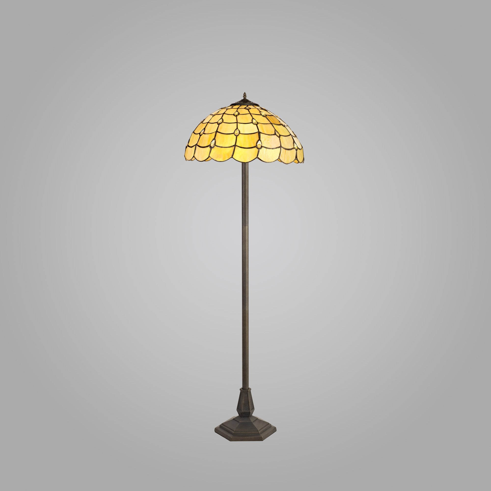 NLK00529 Chrisy 2 Light Octagonal Floor Lamp With 40cm Tiffany Shade Beige/Clear Crystal/Aged Antique Brass