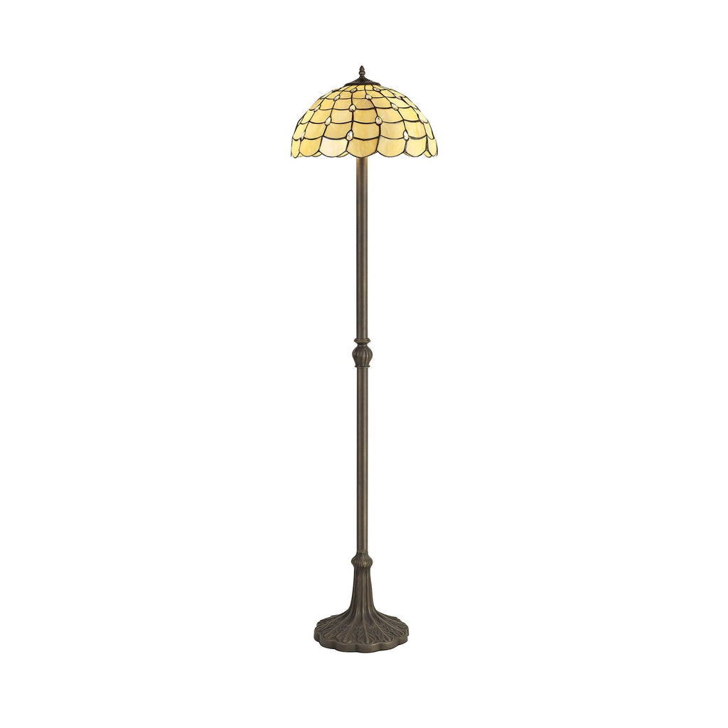 NLK00539 Chrisy 2 Light Leaf Design Floor Lamp With 40cm Tiffany Shade Beige/Clear Crystal/Aged Antique Brass