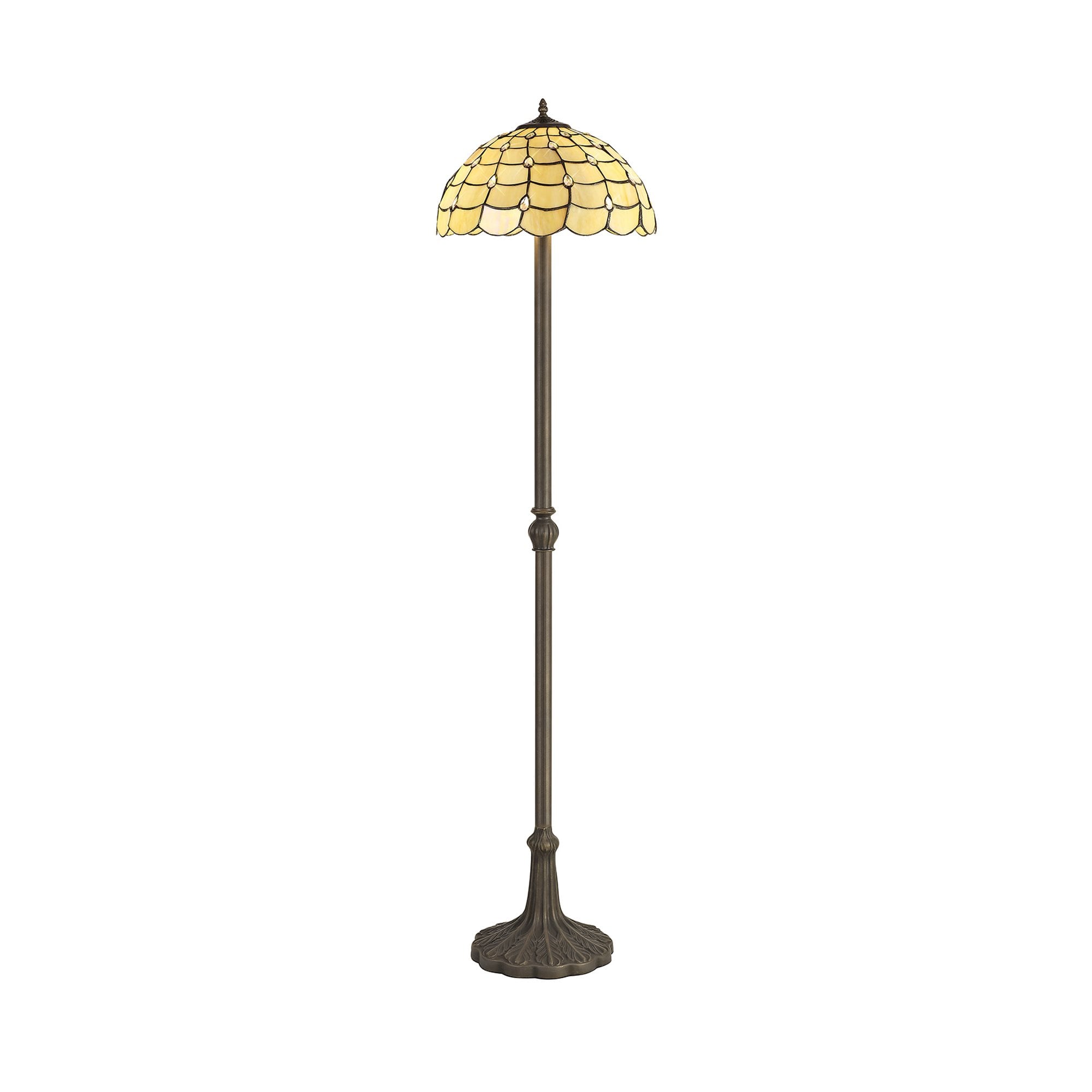 NLK00539 Chrisy 2 Light Leaf Design Floor Lamp With 40cm Tiffany Shade Beige/Clear Crystal/Aged Antique Brass