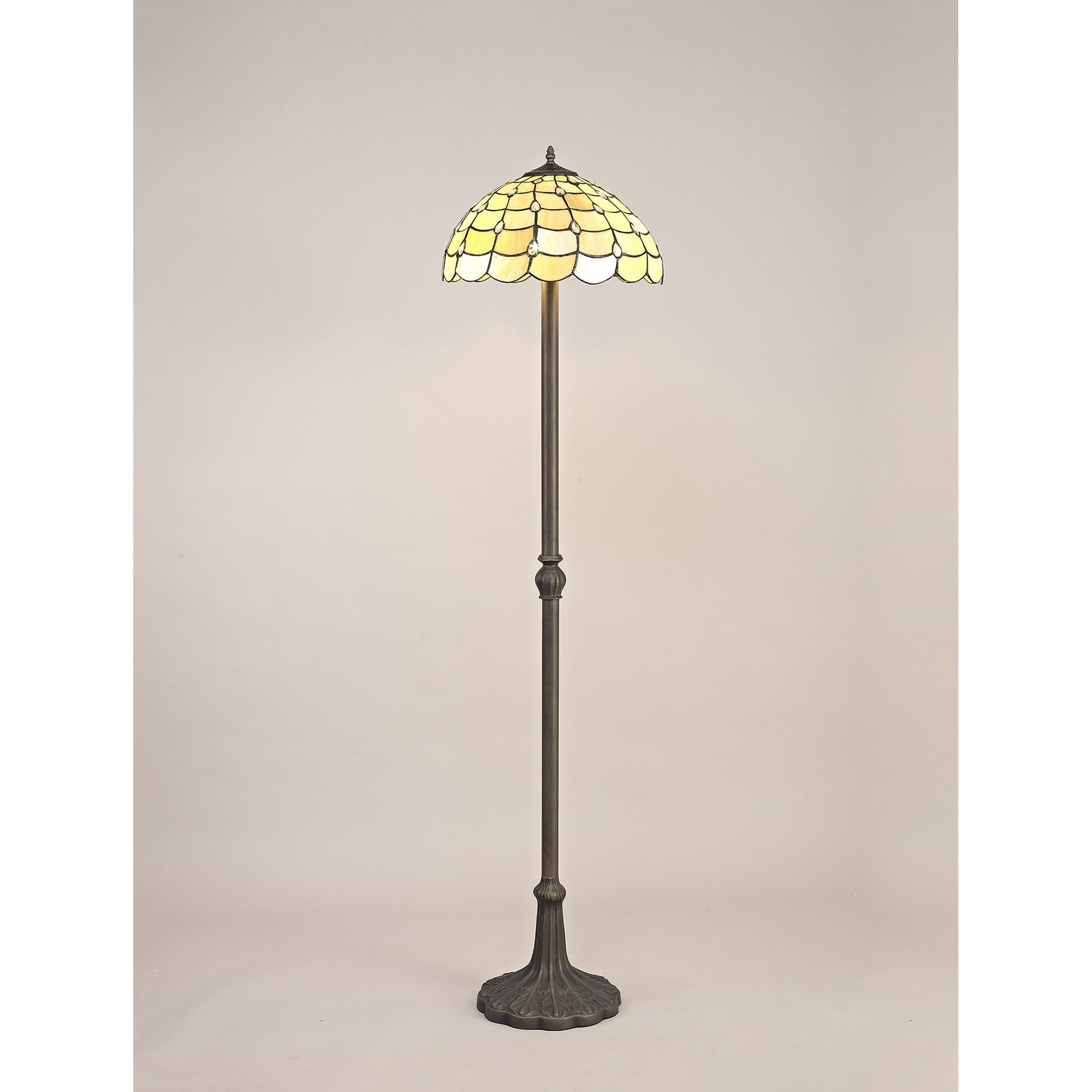 NLK00539 Chrisy 2 Light Leaf Design Floor Lamp With 40cm Tiffany Shade Beige/Clear Crystal/Aged Antique Brass