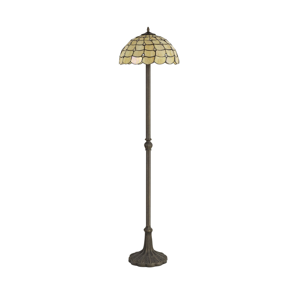 NLK00539 Chrisy 2 Light Leaf Design Floor Lamp With 40cm Tiffany Shade Beige/Clear Crystal/Aged Antique Brass