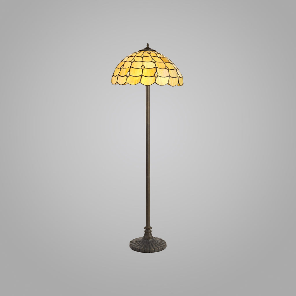 NLK00549 Chrisy 2 Light Stepped Design Floor Lamp With 40cm Tiffany Shade Beige/Clear Crystal/Aged Antique Brass
