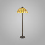 NLK00549 Chrisy 2 Light Stepped Design Floor Lamp With 40cm Tiffany Shade Beige/Clear Crystal/Aged Antique Brass