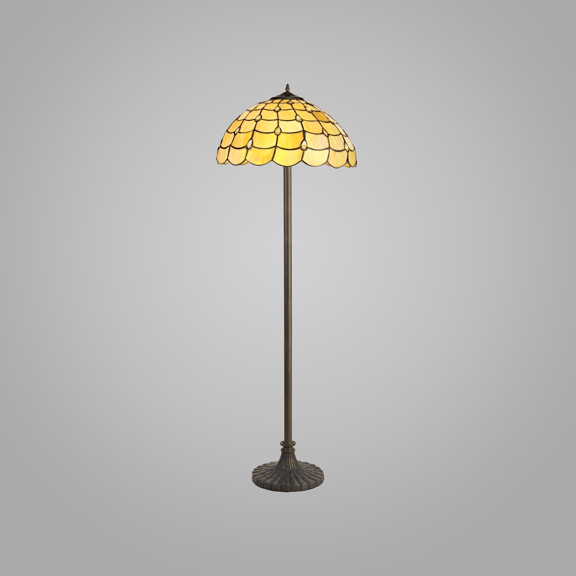 NLK00549 Chrisy 2 Light Stepped Design Floor Lamp With 40cm Tiffany Shade Beige/Clear Crystal/Aged Antique Brass