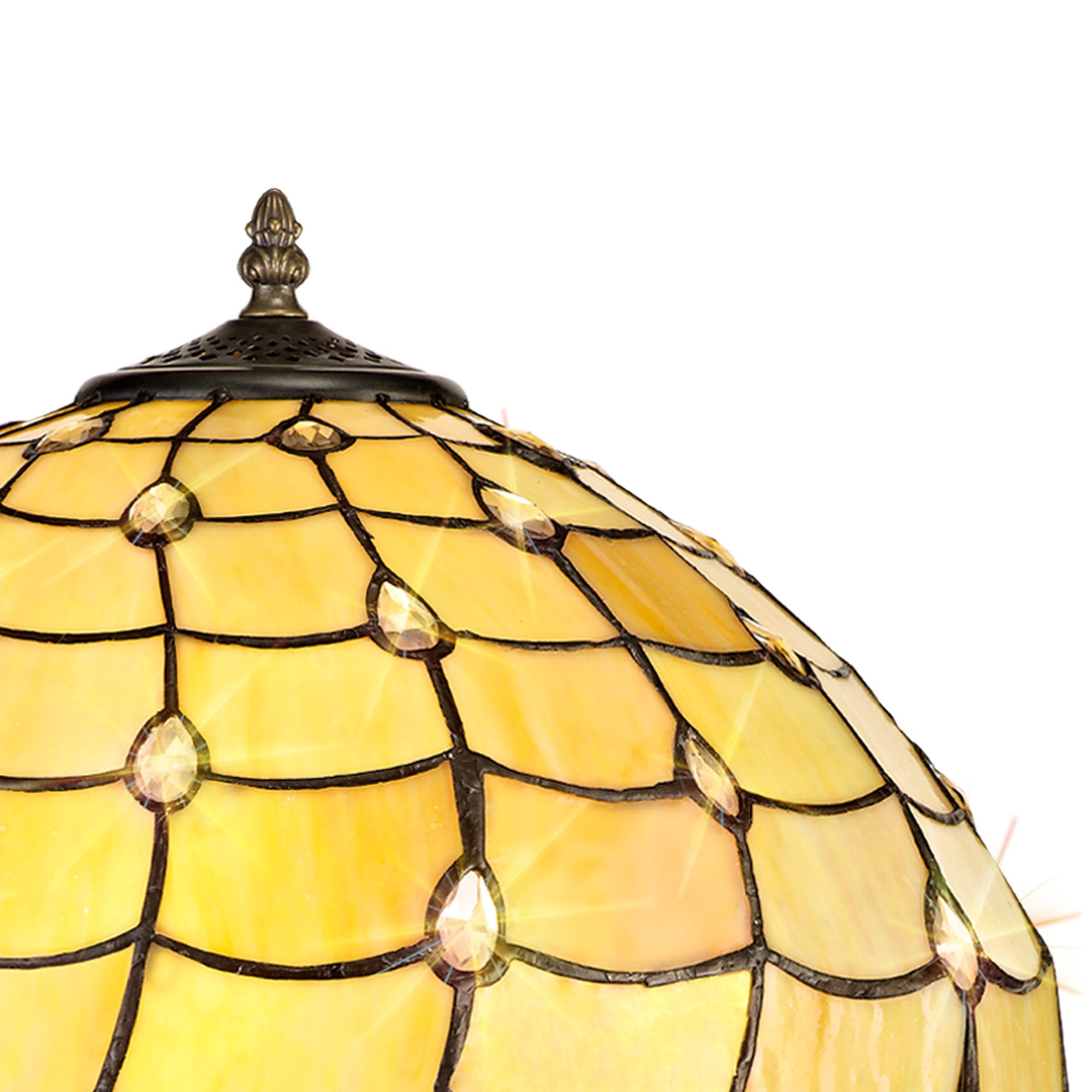 NLK00549 Chrisy 2 Light Stepped Design Floor Lamp With 40cm Tiffany Shade Beige/Clear Crystal/Aged Antique Brass