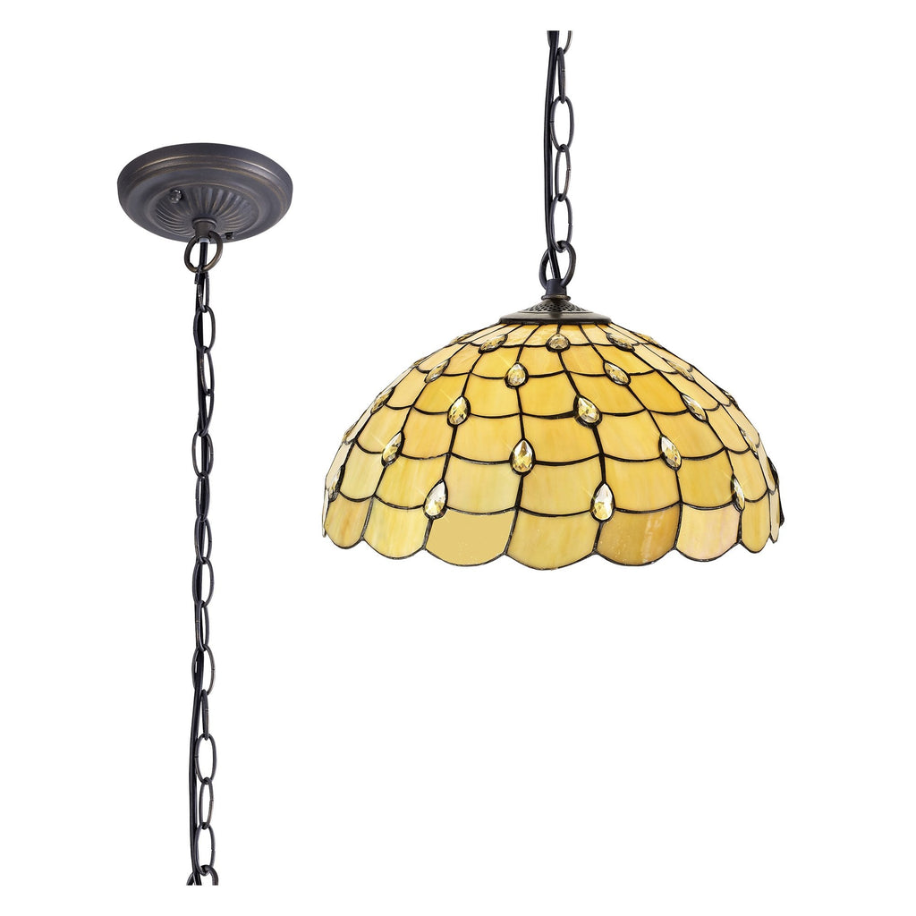 NLK00569 Chrisy 1 Light Down Lighter Pendant With 50cm Tiffany Shade Beige/Clear Crystal/Aged Antique Brass