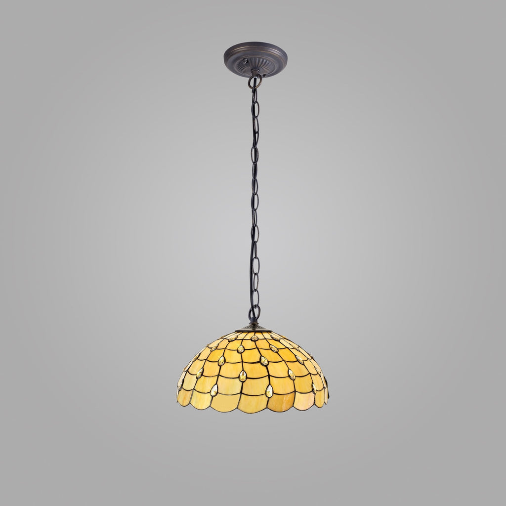 NLK00569 Chrisy 1 Light Down Lighter Pendant With 50cm Tiffany Shade Beige/Clear Crystal/Aged Antique Brass