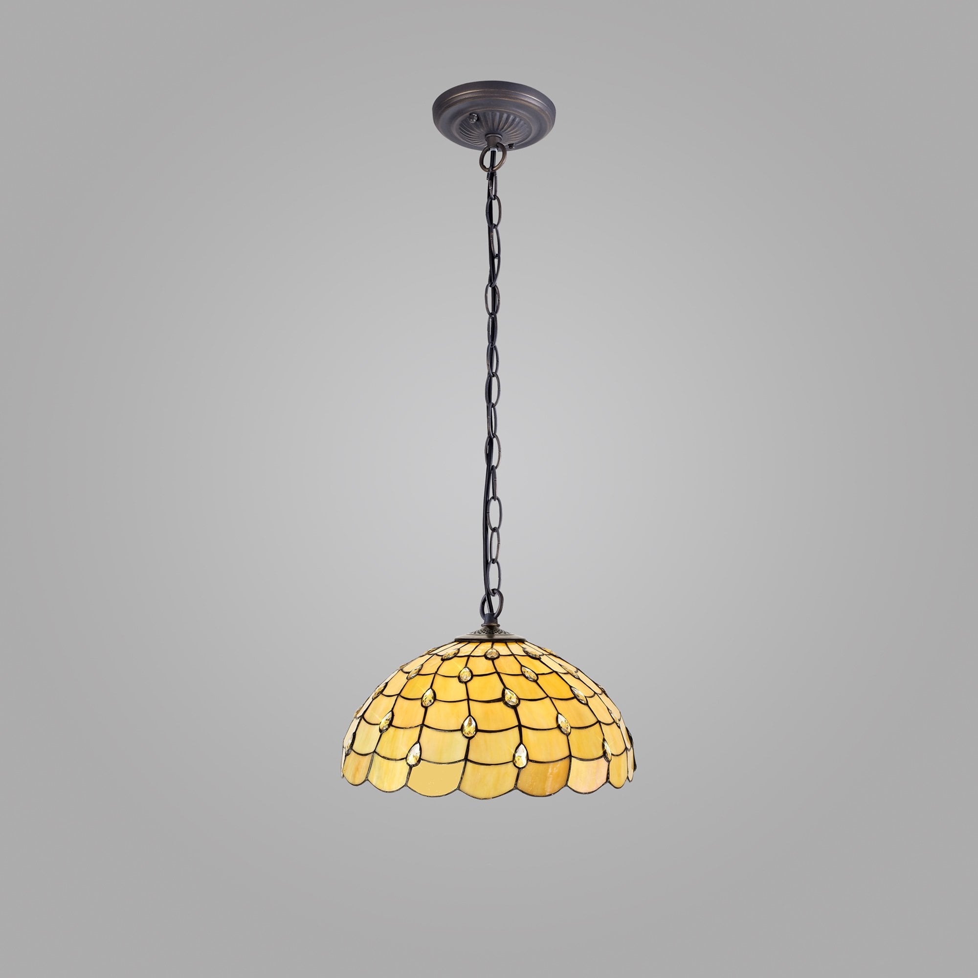 NLK00569 Chrisy 1 Light Down Lighter Pendant With 50cm Tiffany Shade Beige/Clear Crystal/Aged Antique Brass