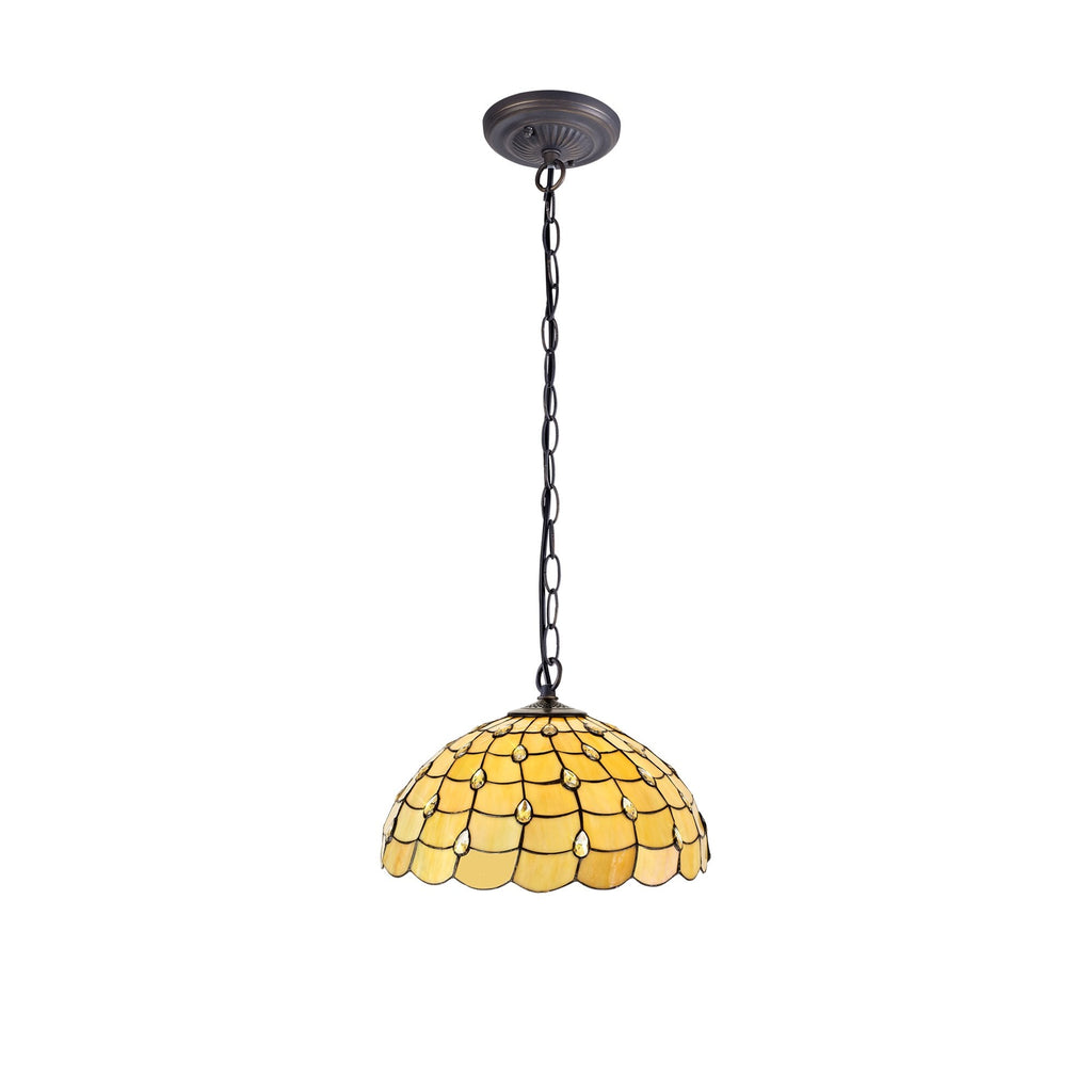 NLK00569 Chrisy 1 Light Down Lighter Pendant With 50cm Tiffany Shade Beige/Clear Crystal/Aged Antique Brass