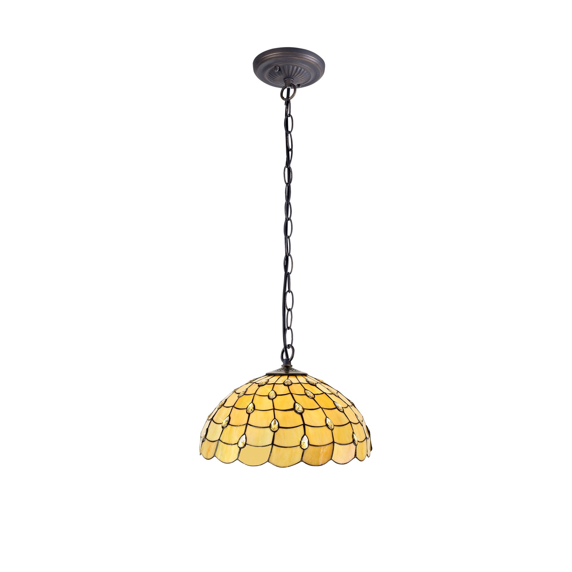 NLK00569 Chrisy 1 Light Down Lighter Pendant With 50cm Tiffany Shade Beige/Clear Crystal/Aged Antique Brass