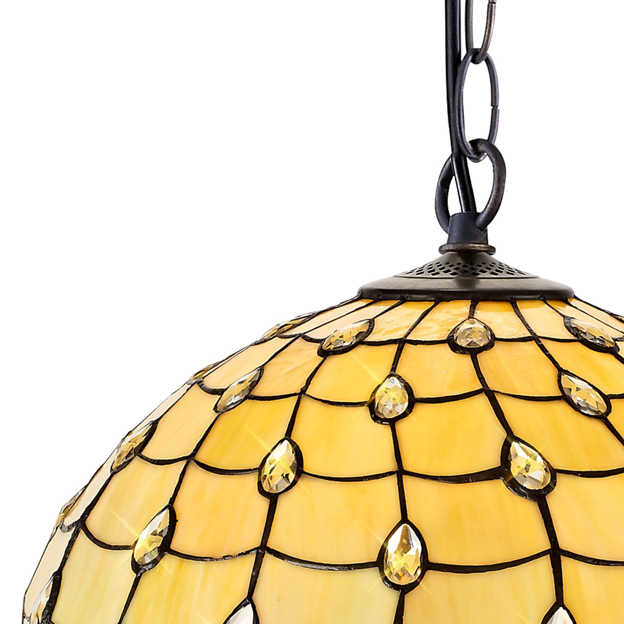 NLK00569 Chrisy 1 Light Down Lighter Pendant With 50cm Tiffany Shade Beige/Clear Crystal/Aged Antique Brass