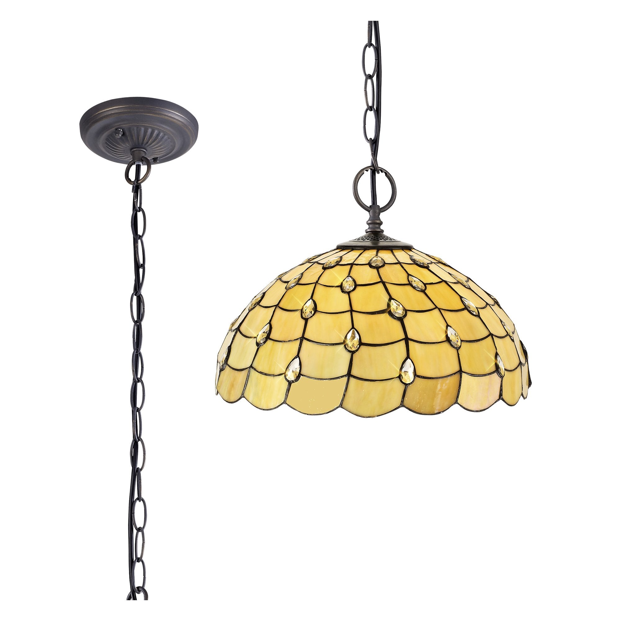 NLK00579 Chrisy 2 Light Down Lighter Pendant With 50cm Tiffany Shade Beige/Clear Crystal/Aged Antique Brass