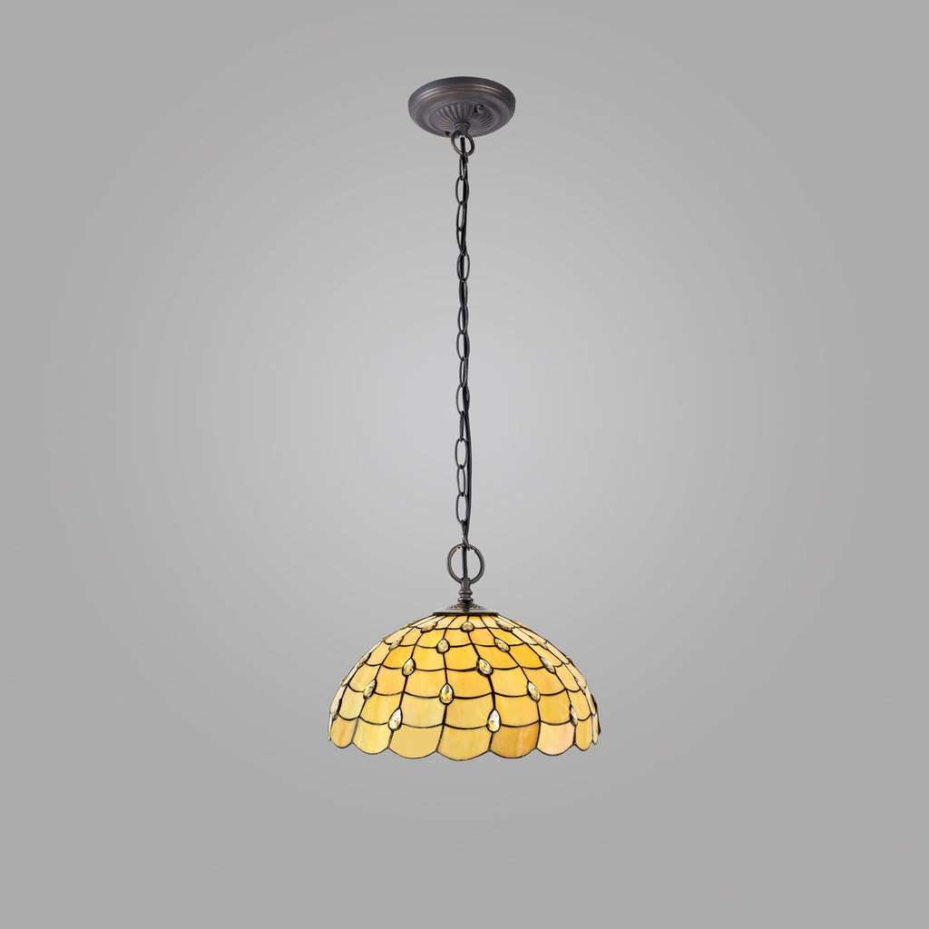 NLK00579 Chrisy 2 Light Down Lighter Pendant With 50cm Tiffany Shade Beige/Clear Crystal/Aged Antique Brass