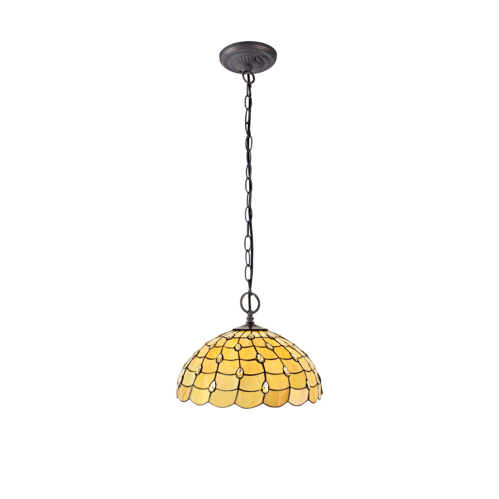 NLK00579 Chrisy 2 Light Down Lighter Pendant With 50cm Tiffany Shade Beige/Clear Crystal/Aged Antique Brass