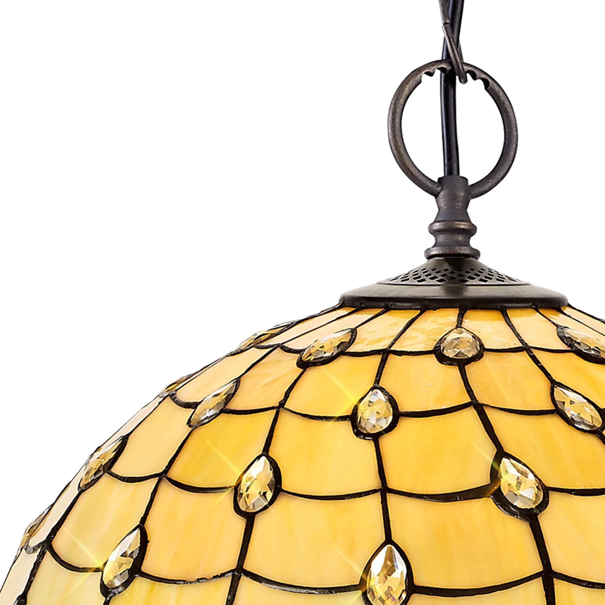 NLK00579 Chrisy 2 Light Down Lighter Pendant With 50cm Tiffany Shade Beige/Clear Crystal/Aged Antique Brass