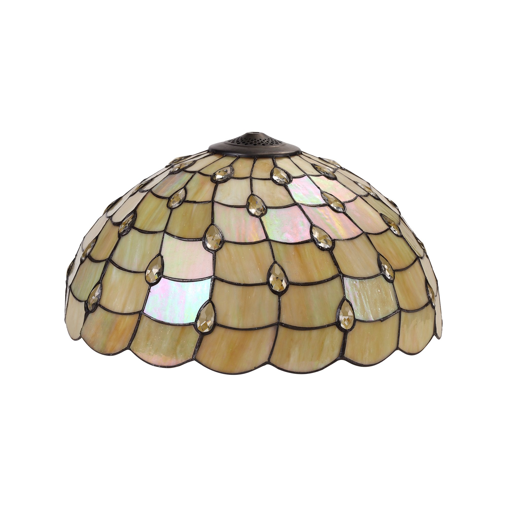 NLK00579 Chrisy 2 Light Down Lighter Pendant With 50cm Tiffany Shade Beige/Clear Crystal/Aged Antique Brass