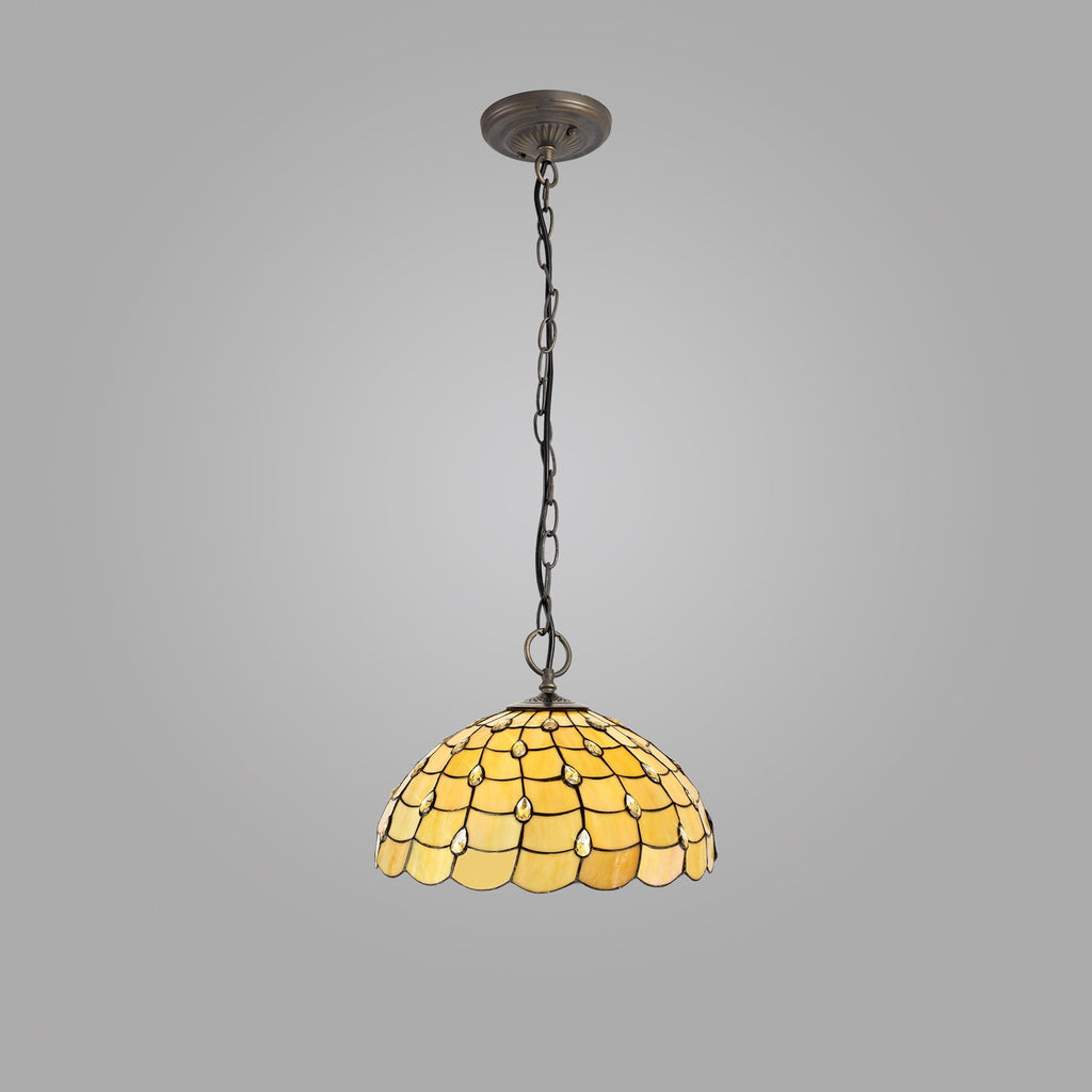 NLK00589 Chrisy 3 Light Down Lighter Pendant With 50cm Tiffany Shade Beige/Clear Crystal/Aged Antique Brass