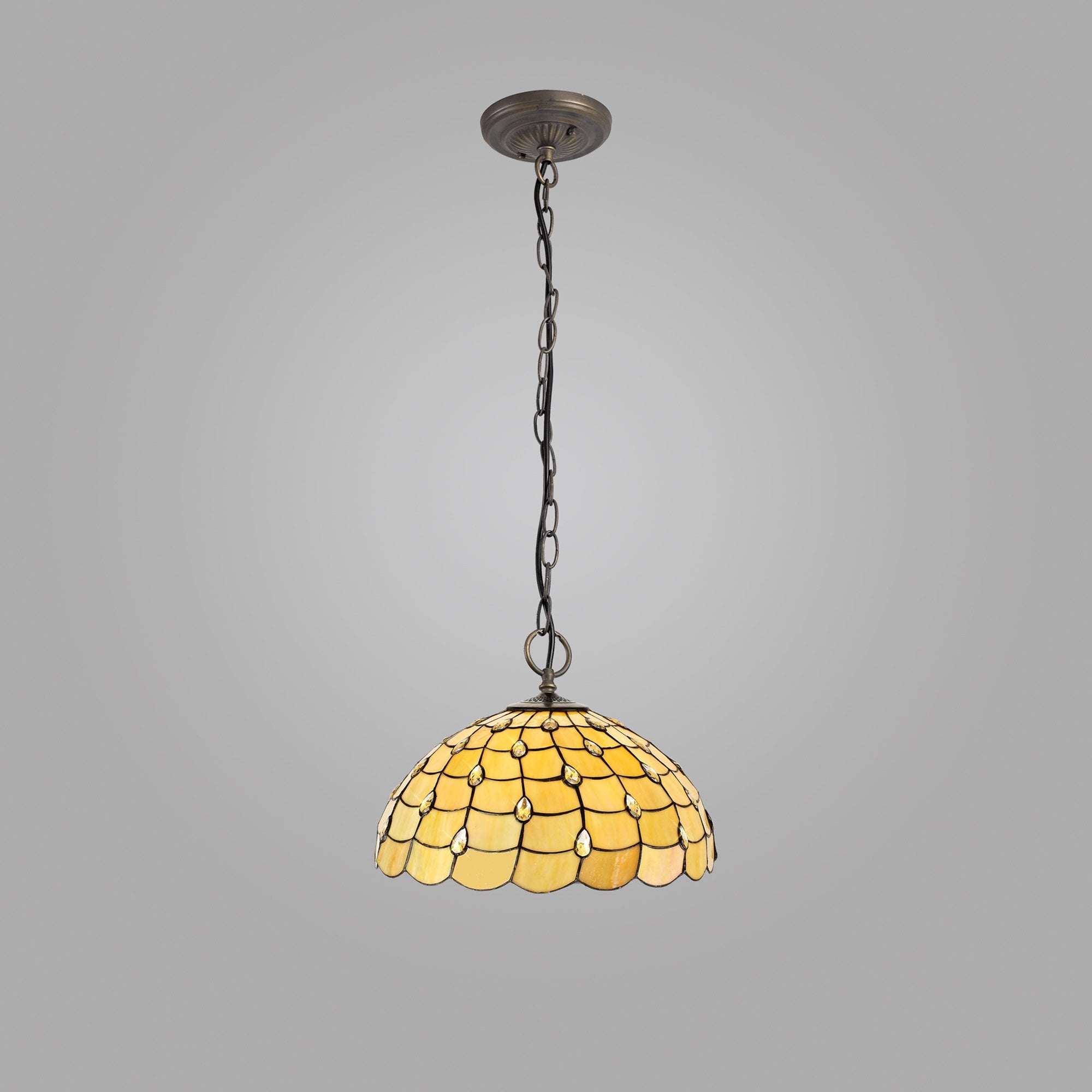NLK00589 Chrisy 3 Light Down Lighter Pendant With 50cm Tiffany Shade Beige/Clear Crystal/Aged Antique Brass