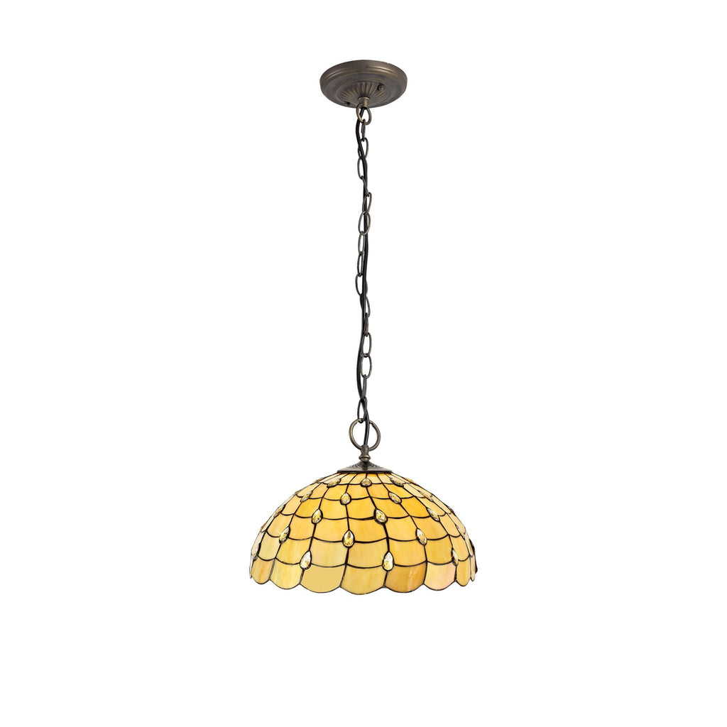 NLK00589 Chrisy 3 Light Down Lighter Pendant With 50cm Tiffany Shade Beige/Clear Crystal/Aged Antique Brass