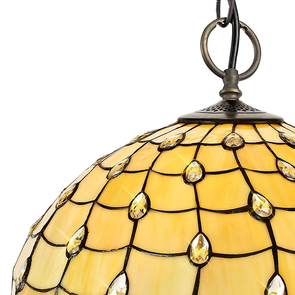 NLK00589 Chrisy 3 Light Down Lighter Pendant With 50cm Tiffany Shade Beige/Clear Crystal/Aged Antique Brass