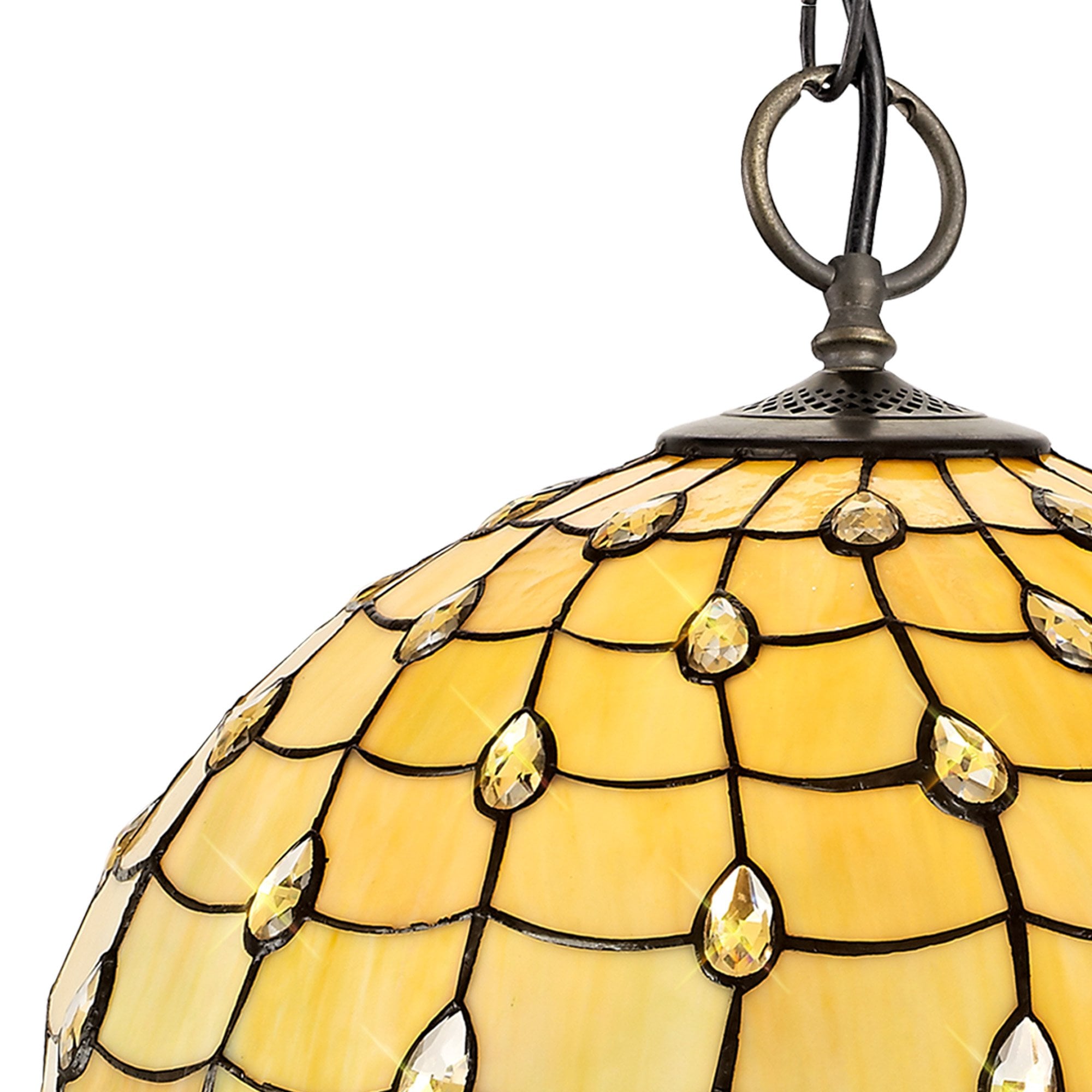NLK00589 Chrisy 3 Light Down Lighter Pendant With 50cm Tiffany Shade Beige/Clear Crystal/Aged Antique Brass