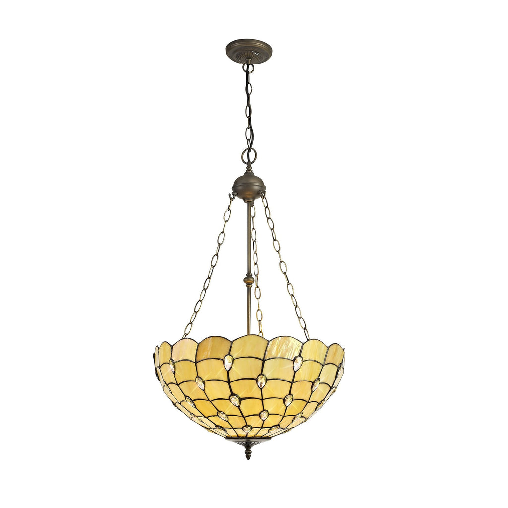 NLK00599 Chrisy 3 Light Up Lighter Pendant With 50cm Tiffany Shade Beige/Clear Crystal/Aged Antique Brass