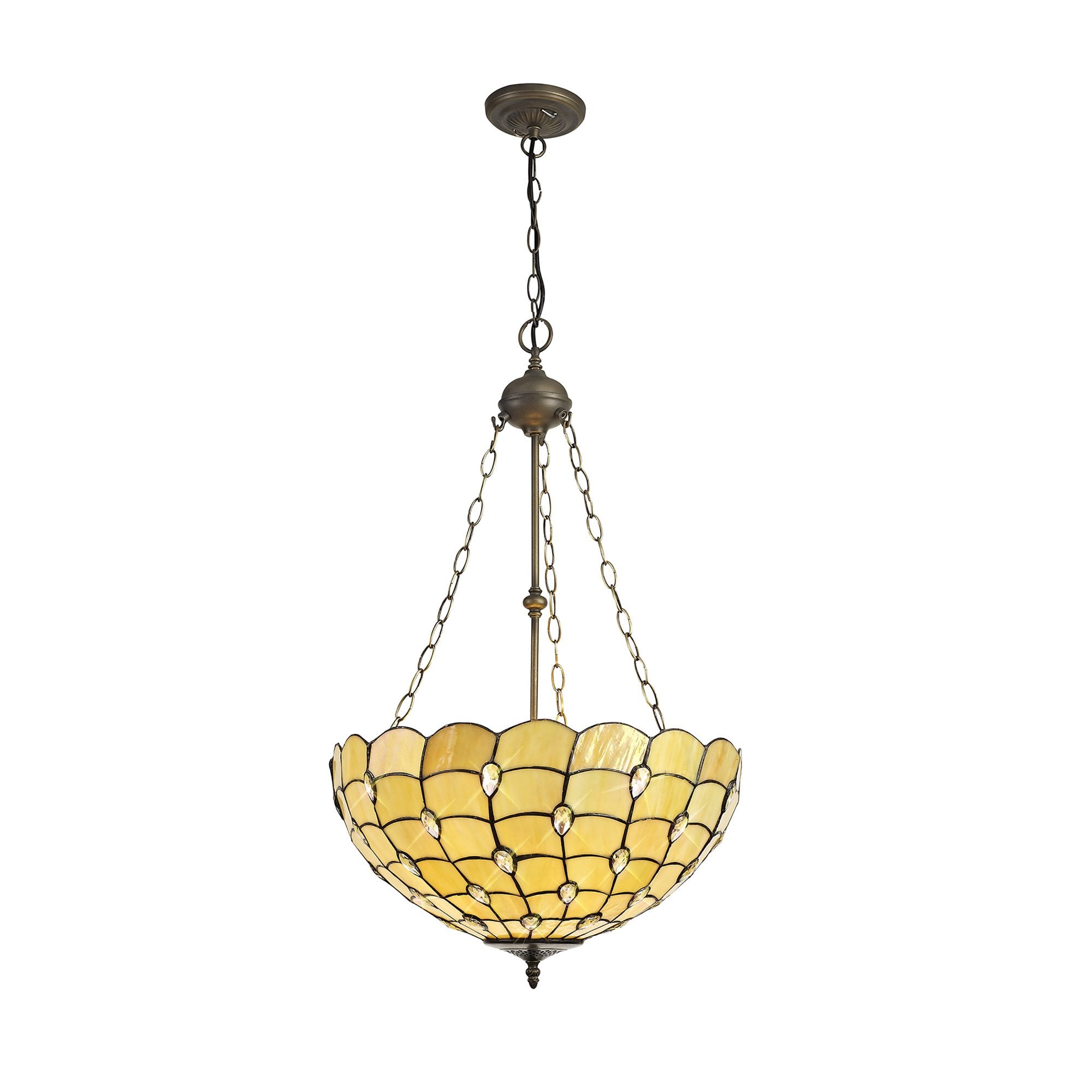NLK00599 Chrisy 3 Light Up Lighter Pendant With 50cm Tiffany Shade Beige/Clear Crystal/Aged Antique Brass