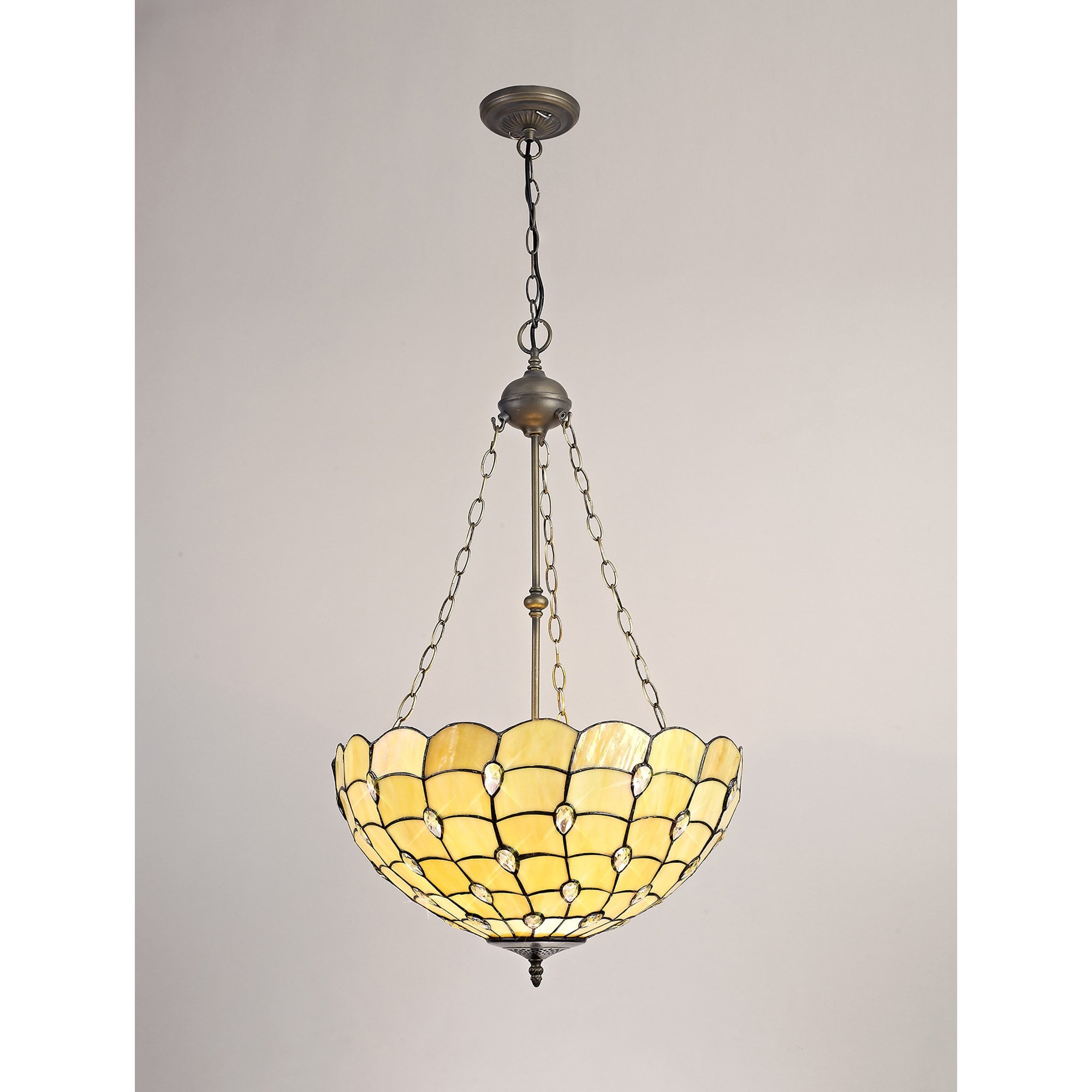 NLK00599 Chrisy 3 Light Up Lighter Pendant With 50cm Tiffany Shade Beige/Clear Crystal/Aged Antique Brass