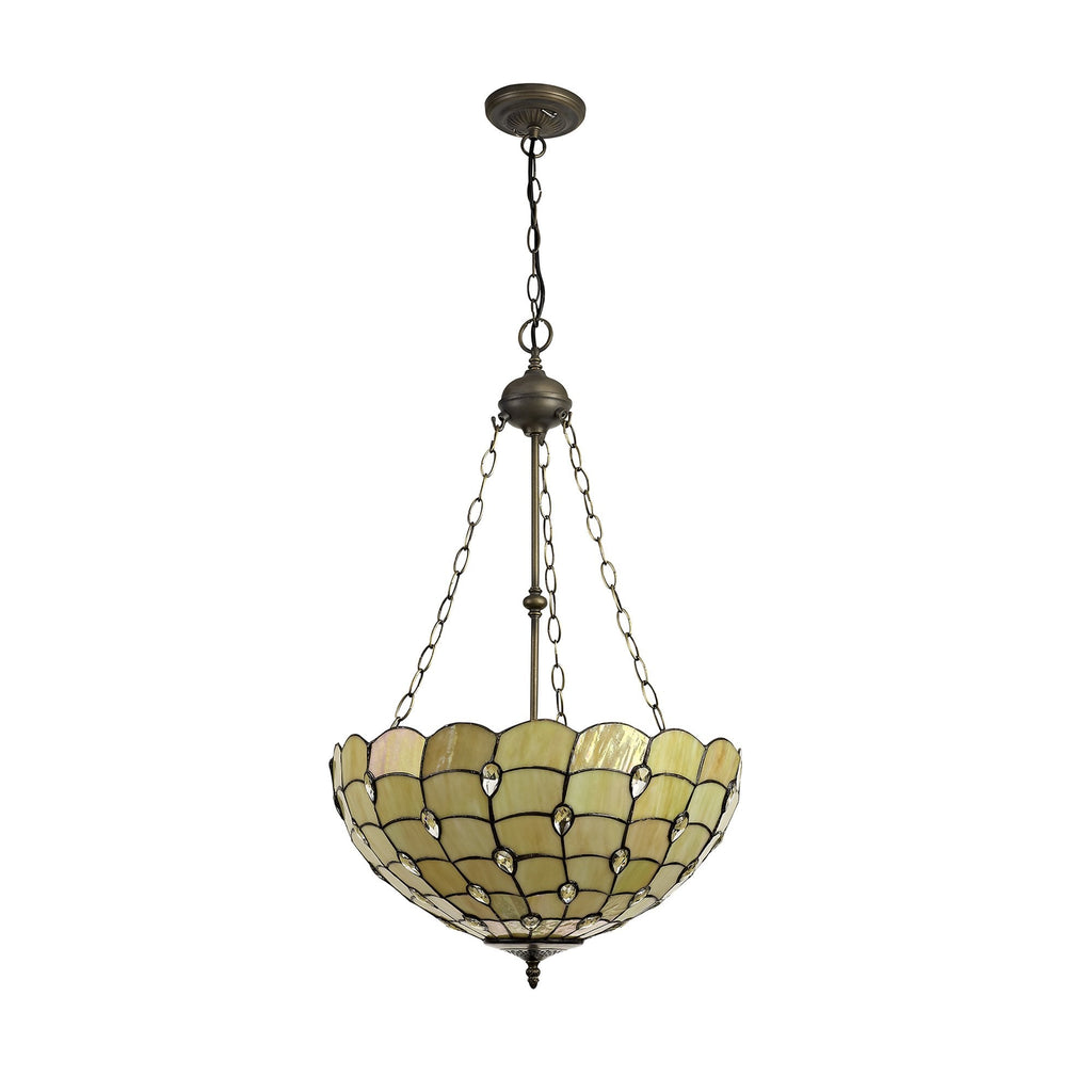 NLK00599 Chrisy 3 Light Up Lighter Pendant With 50cm Tiffany Shade Beige/Clear Crystal/Aged Antique Brass