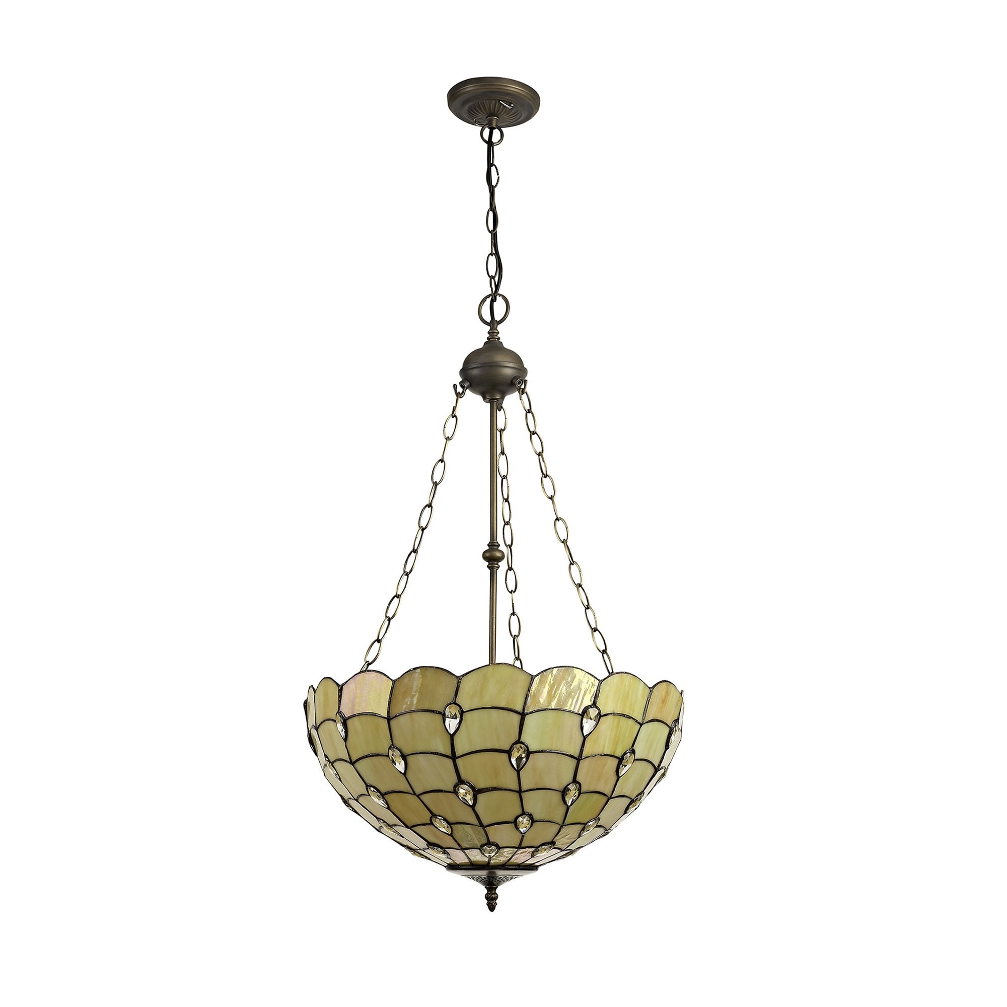 NLK00599 Chrisy 3 Light Up Lighter Pendant With 50cm Tiffany Shade Beige/Clear Crystal/Aged Antique Brass